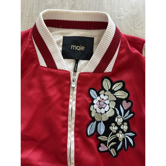 Maje Red Satin Floral Applique Bomber Jacket Size 38 - Picture 3 of 14